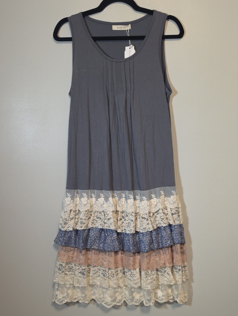 Sleeveless Gray Midi Dress with Cream Lace & Blue Ruffle Tiers